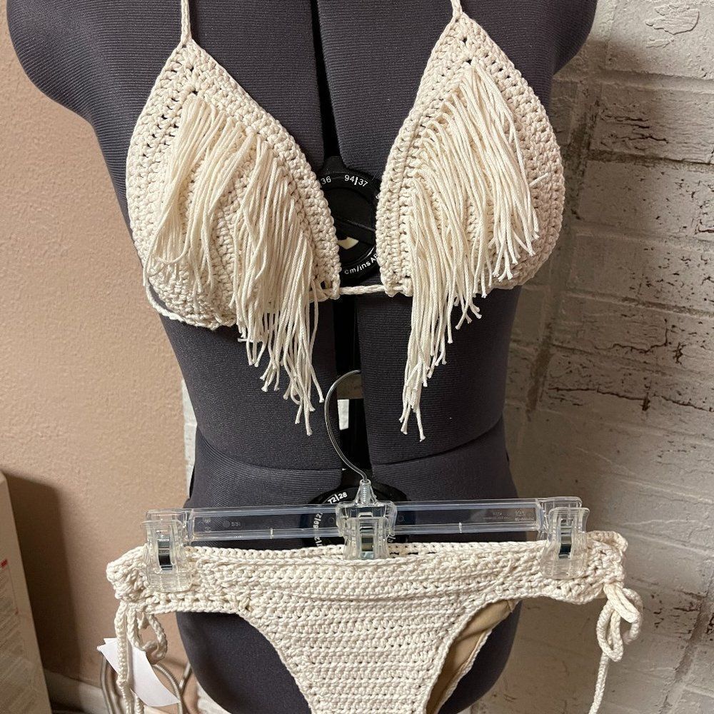 Bohemian Cream Hand Woven Crochet String Bikini NWT Small Coachella Festival